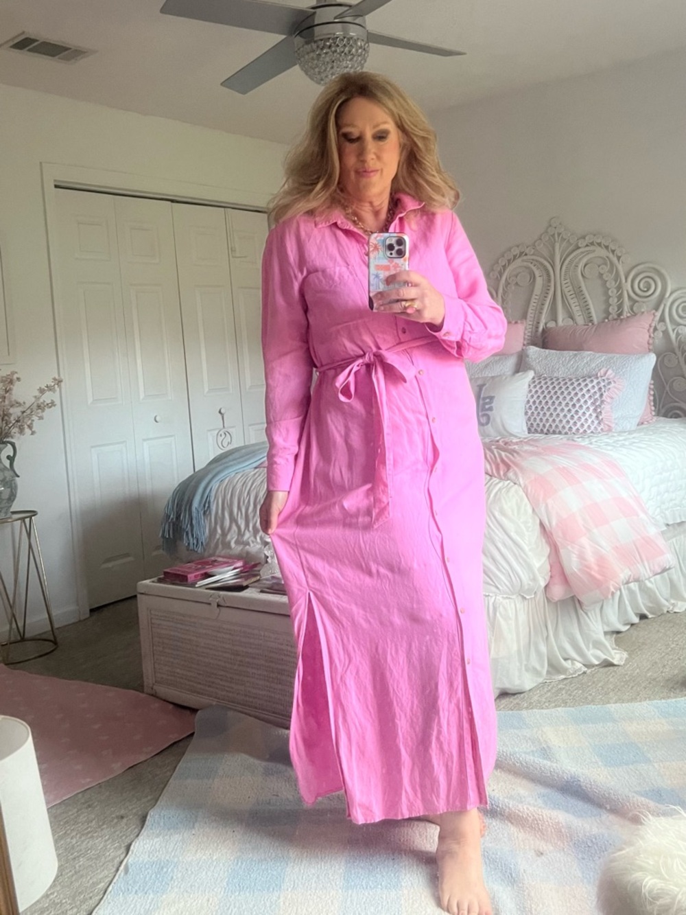 LOFT Bright Pink Collared Shirt Dress size 14